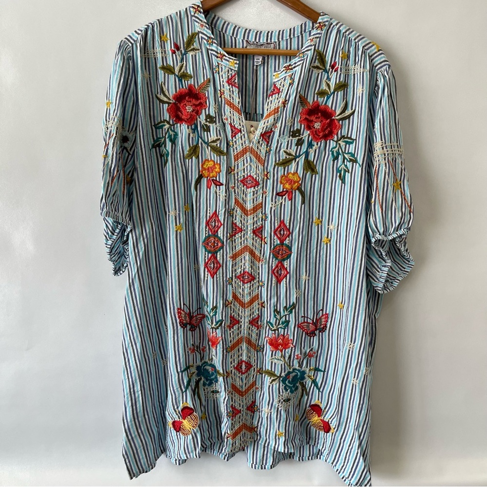 Johnny Was Blue Stripe Embroidered Tunic with Red Floral Accents